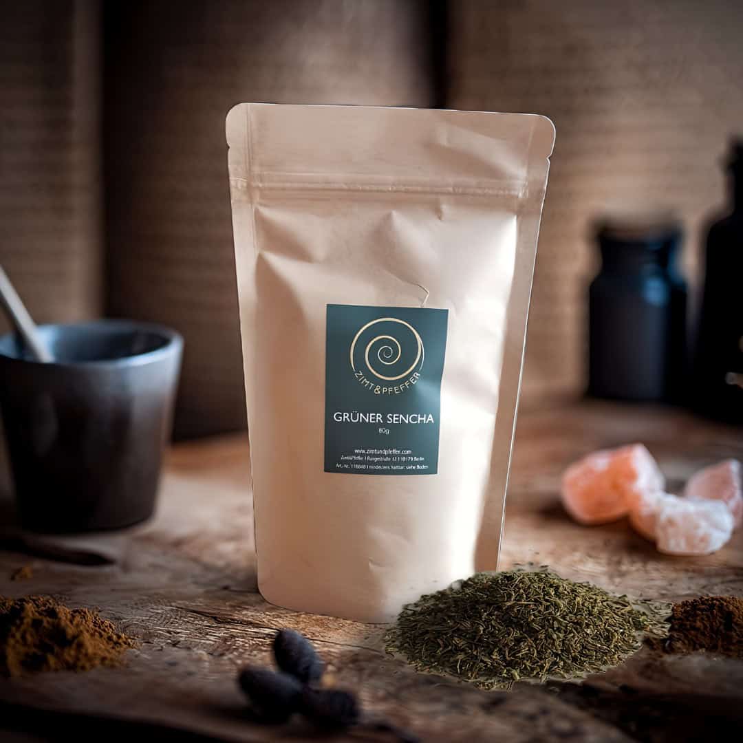 Grüner Sencha 80 g von Zimt&Pfeffer – japanischer Grüntee in aromafrischer Zip-Tüte