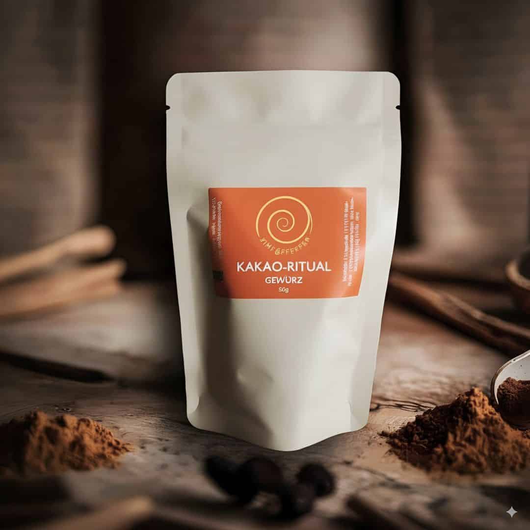 Kakao-Ritual Gewürz von Zimt&Pfeffer in einer 50 g Tüte auf einem Olivenholzbrett