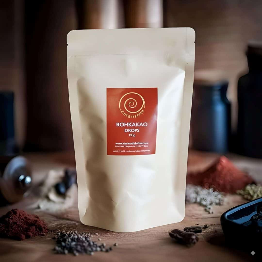 Eine 150g Tüte Rohkakao Drops auf einem Olivenblattbrett