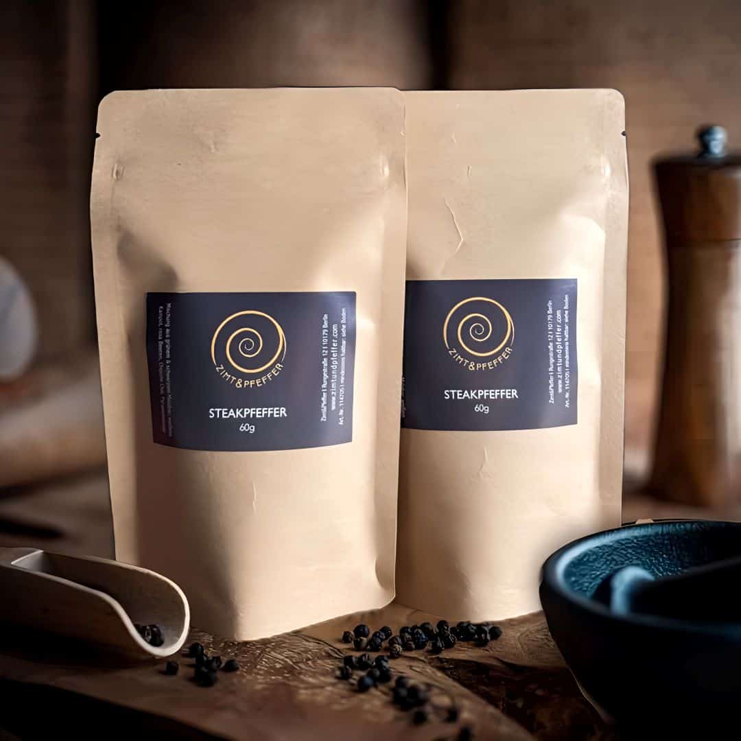 Steakpfeffer in 2 Nachfüllpacks auf Olivenholzbrett – Zimt&Pfeffer