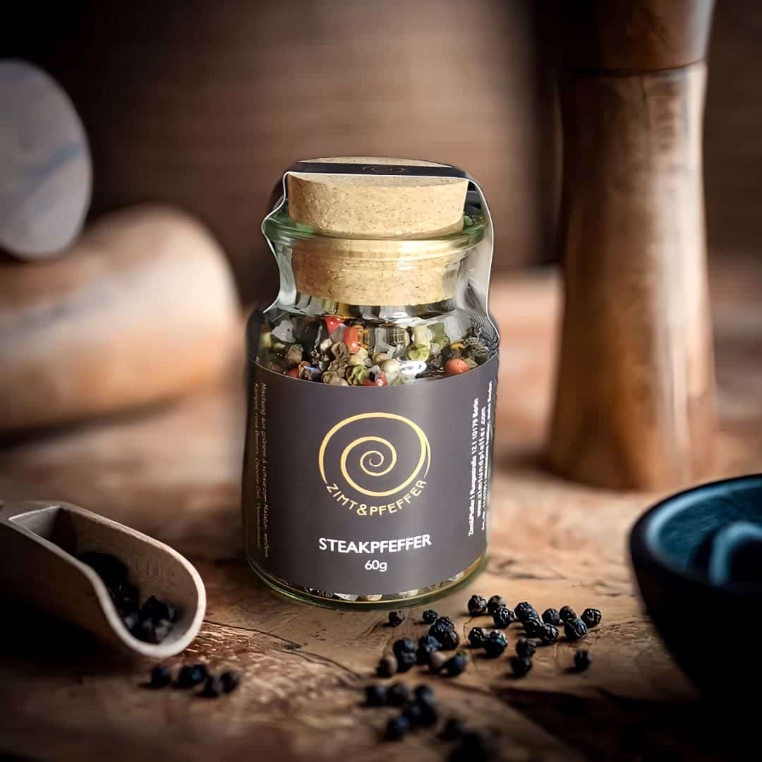 Steakpfeffer im Glas mit 60 g auf Olivenholzbrett – von Zimt&Pfeffer