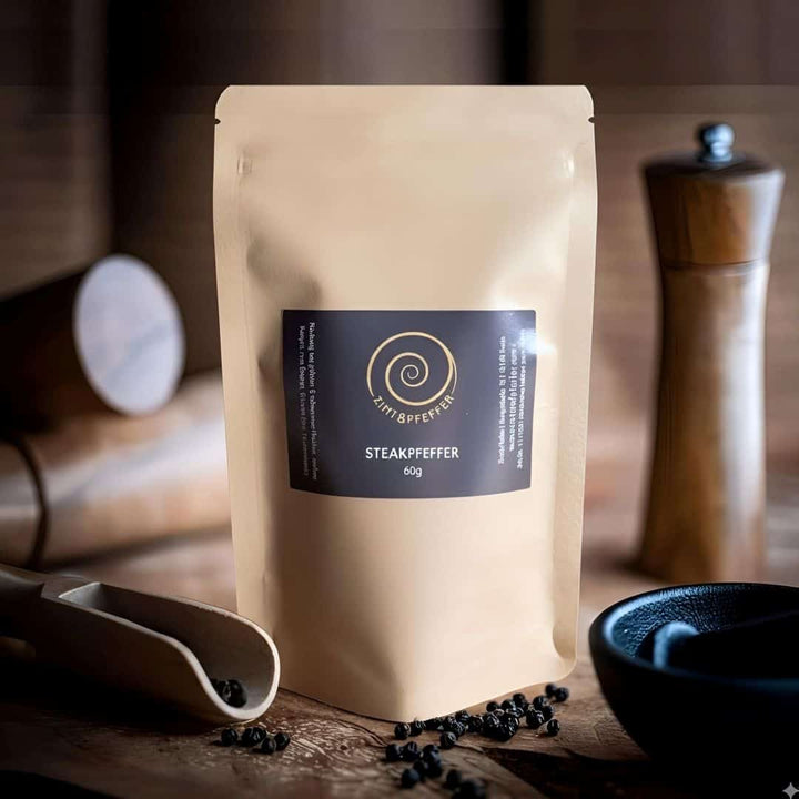 Eine Tüte Steakpfeffer auf einem Olivenholzbrett