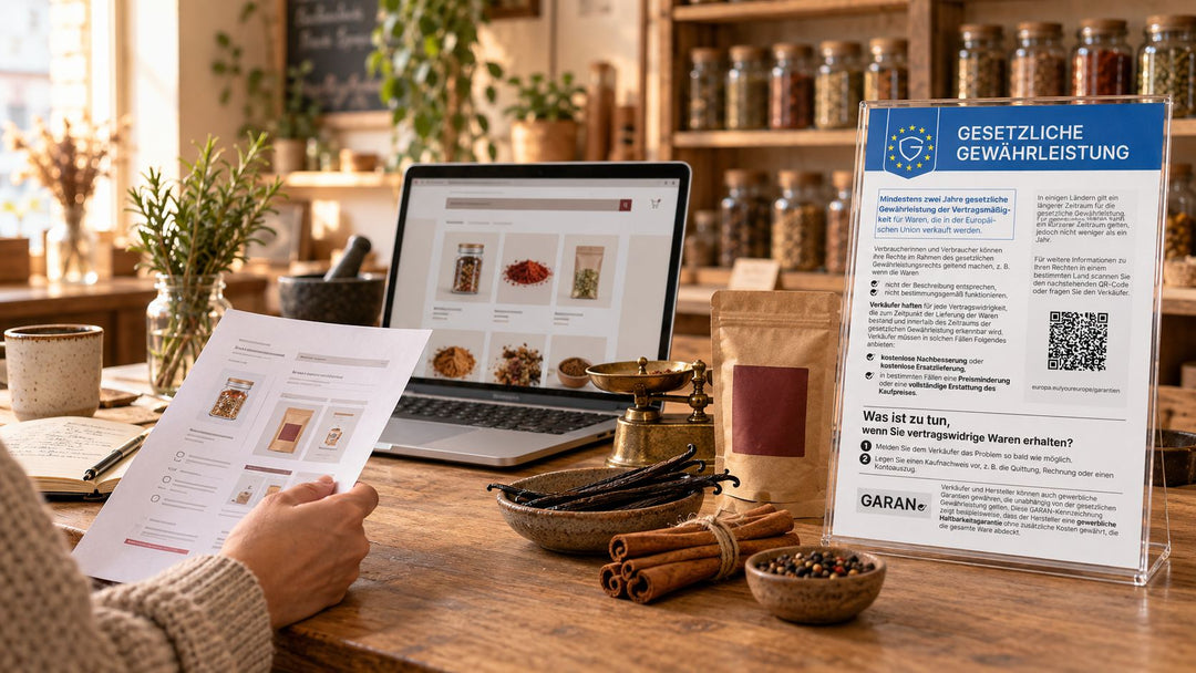 Symbolbild: Gewürze, Laptop und ein Aufsteller zur gesetzlichen Gewährleistung auf einer Ladentheke