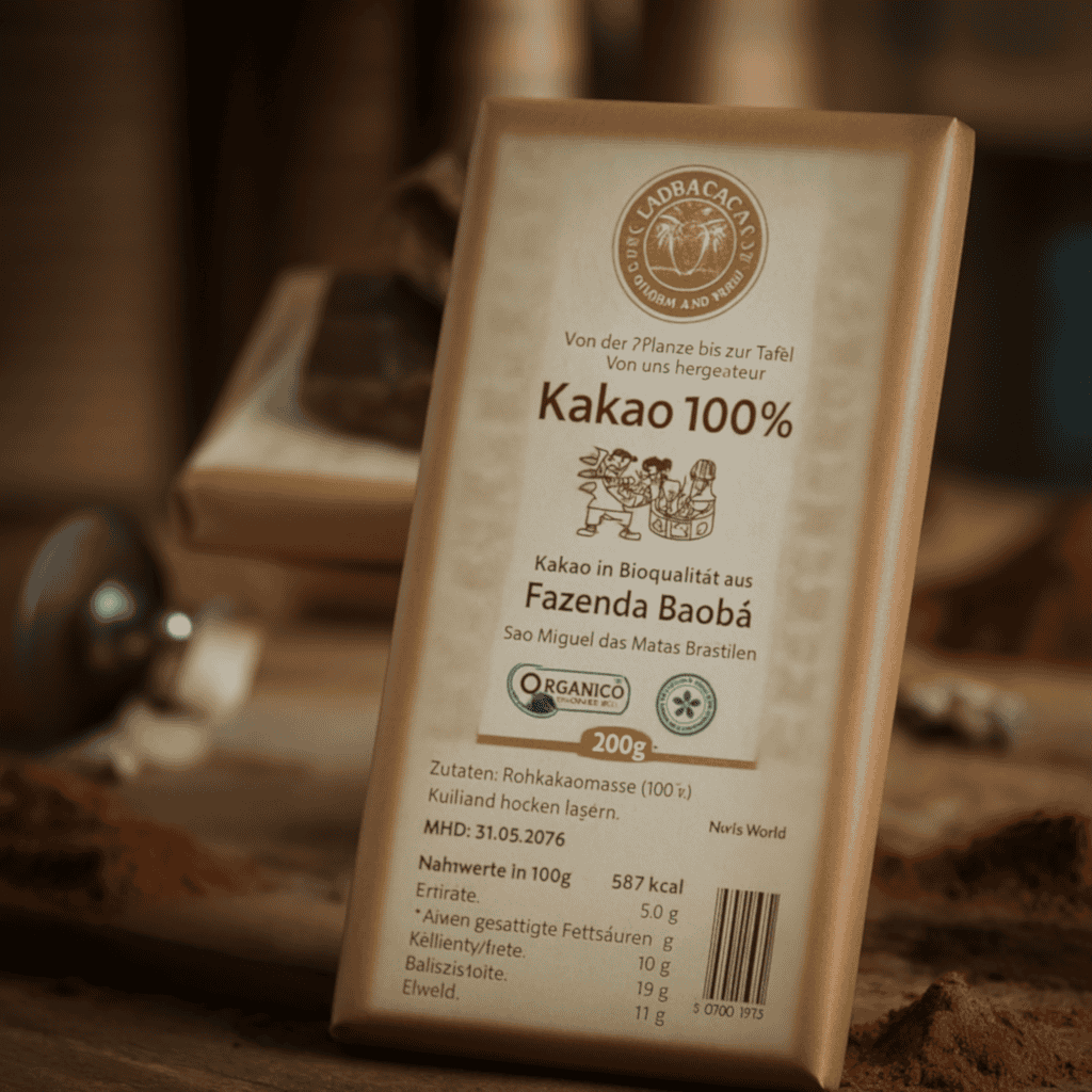 Baobá Kakao – ein 200 g Kakaoblock auf einem Olivenholzbrett,