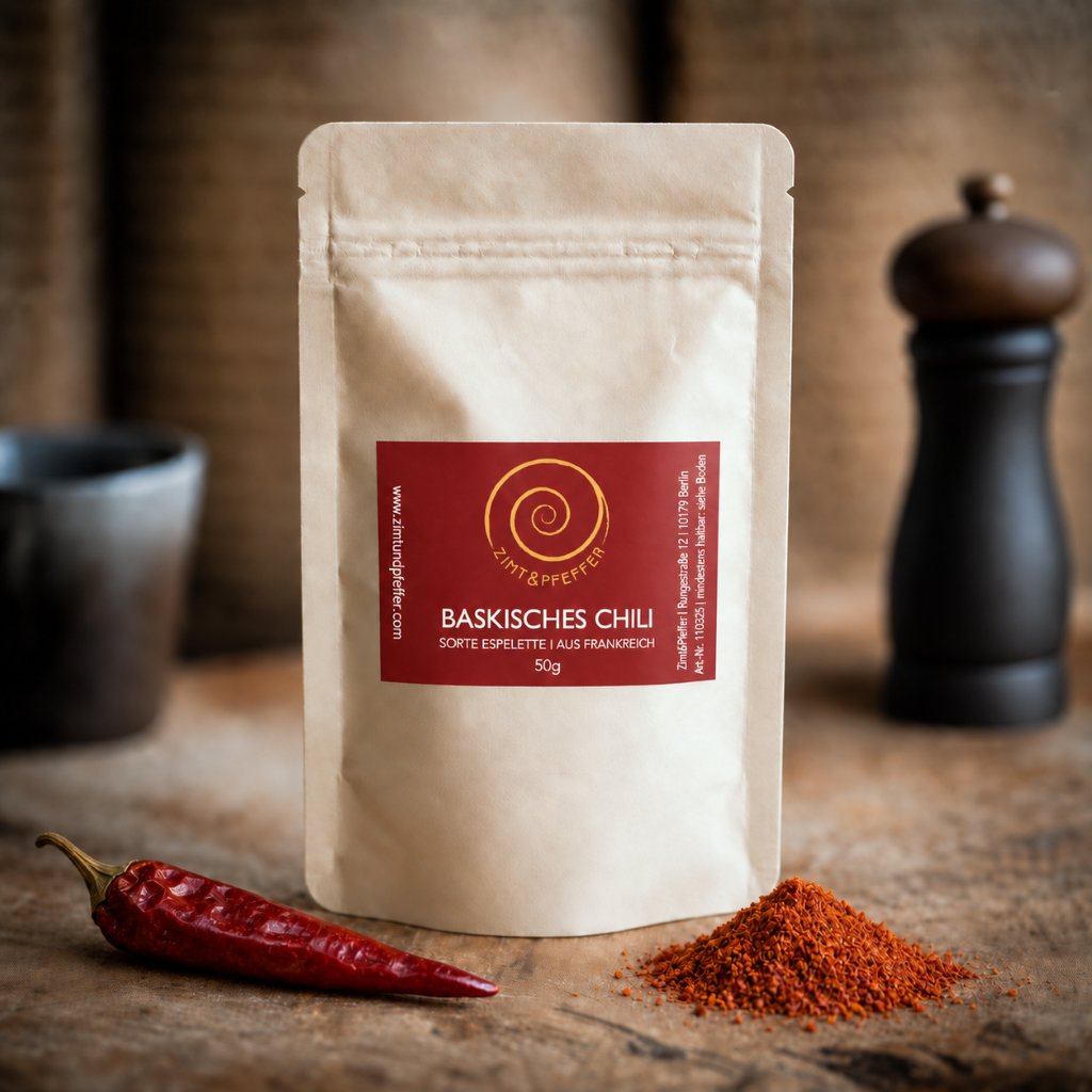 Baskisches Chili – Sorte Espelette eine 50 g Tüte auf einem Olivenholzbrett