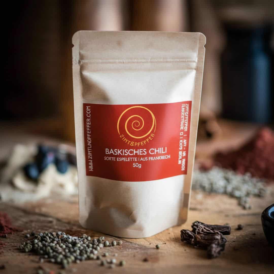 Baskisches Chili – Sorte Espelette eine 50 g Tüte auf einem Olivenholzbrett