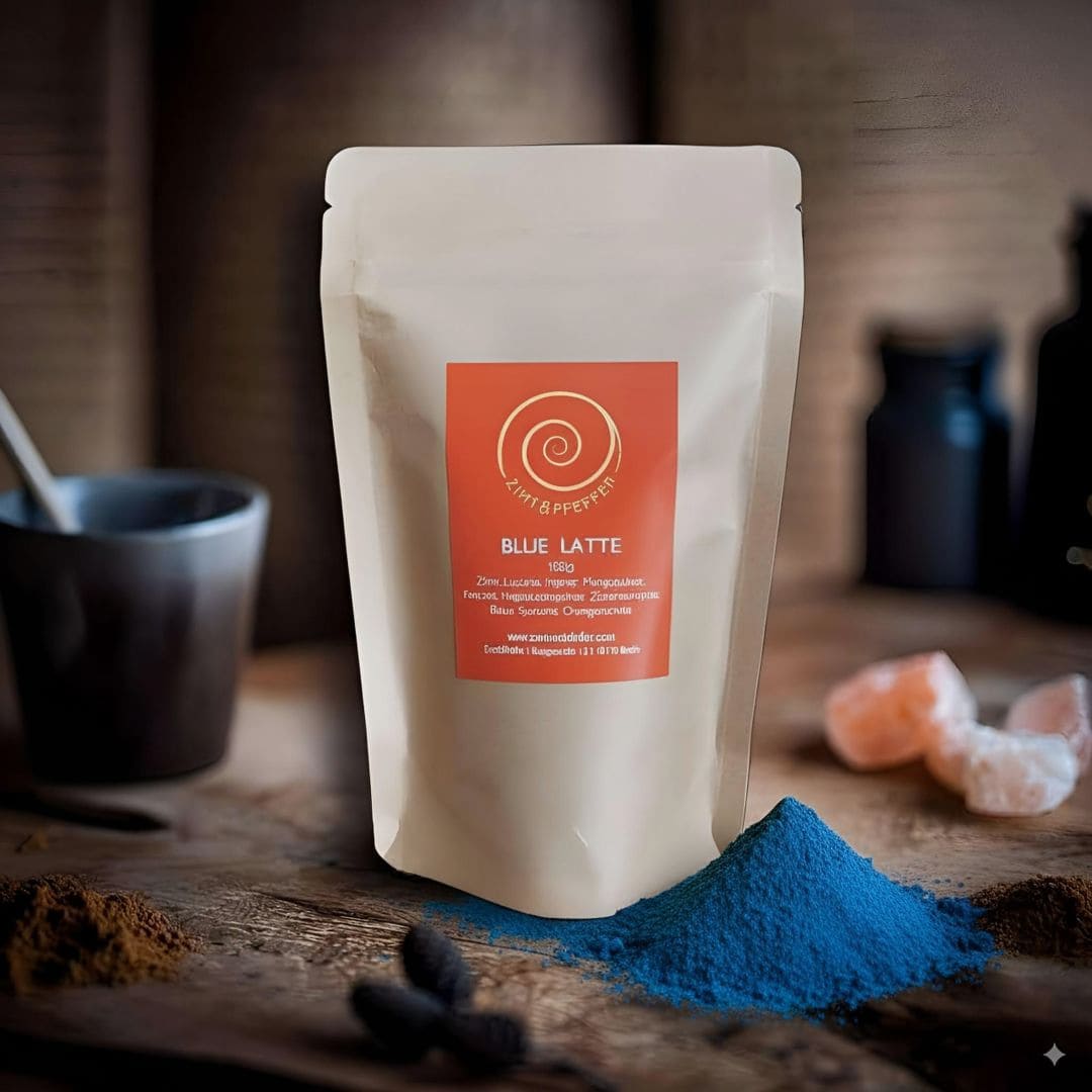 Ein Tüte 100g Blue Latte Getränk-Mischung  auf einem Olivenholzbrett