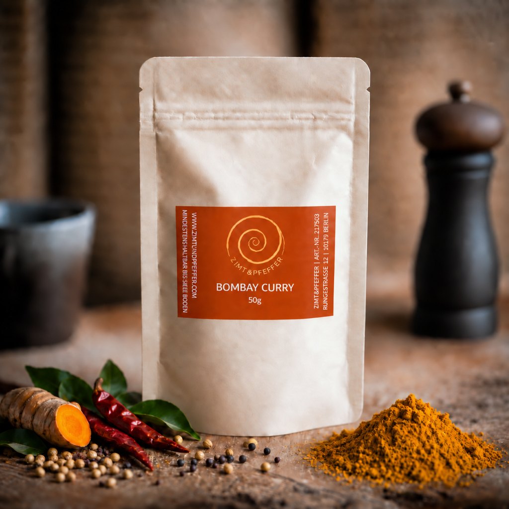 Bombay Curry von Zimt&Pfeffer, eine 50 g Tüte auf einem Olivenholzbrett