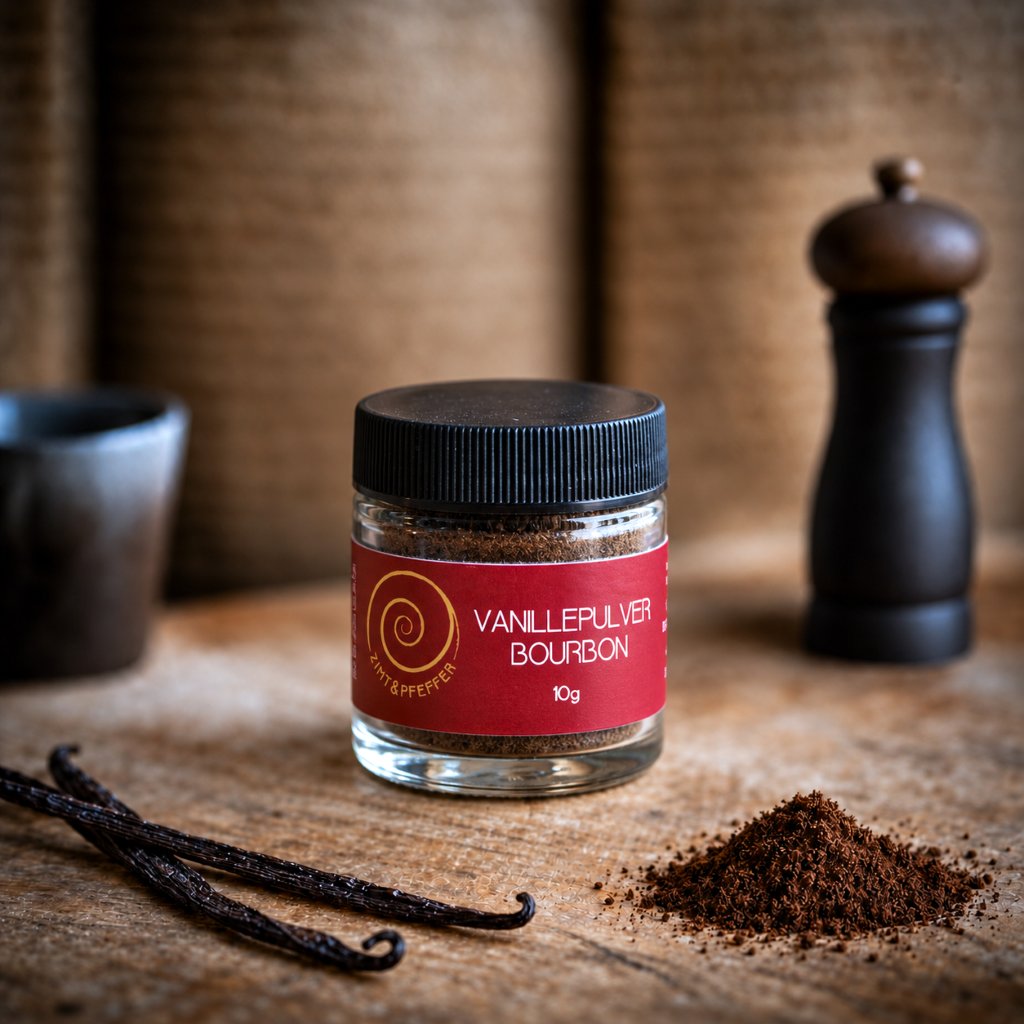 Bourbon Vanille Pulver aus Madagaskar – 100 % natürlich. Ein 10 g Glas Bourbon Vanille Pulver auf einem Olivenholzbrett.