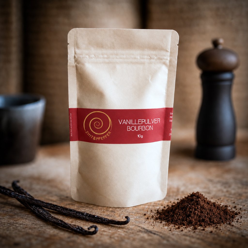Bourbon Vanille Pulver aus Madagaskar – 100 % natürlich. Eine 10 g Tüte Bourbon Vanille Pulver auf einem Olivenholzbrett.
