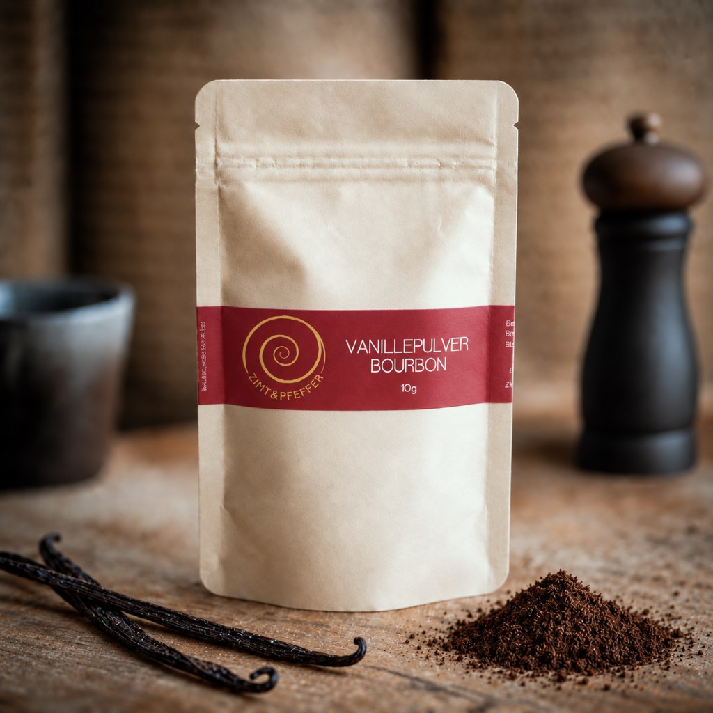 Bourbon Vanille Pulver aus Madagaskar – 100 % natürlich. Eine 10 g Tüte Bourbon Vanille Pulver auf einem Olivenholzbrett.
