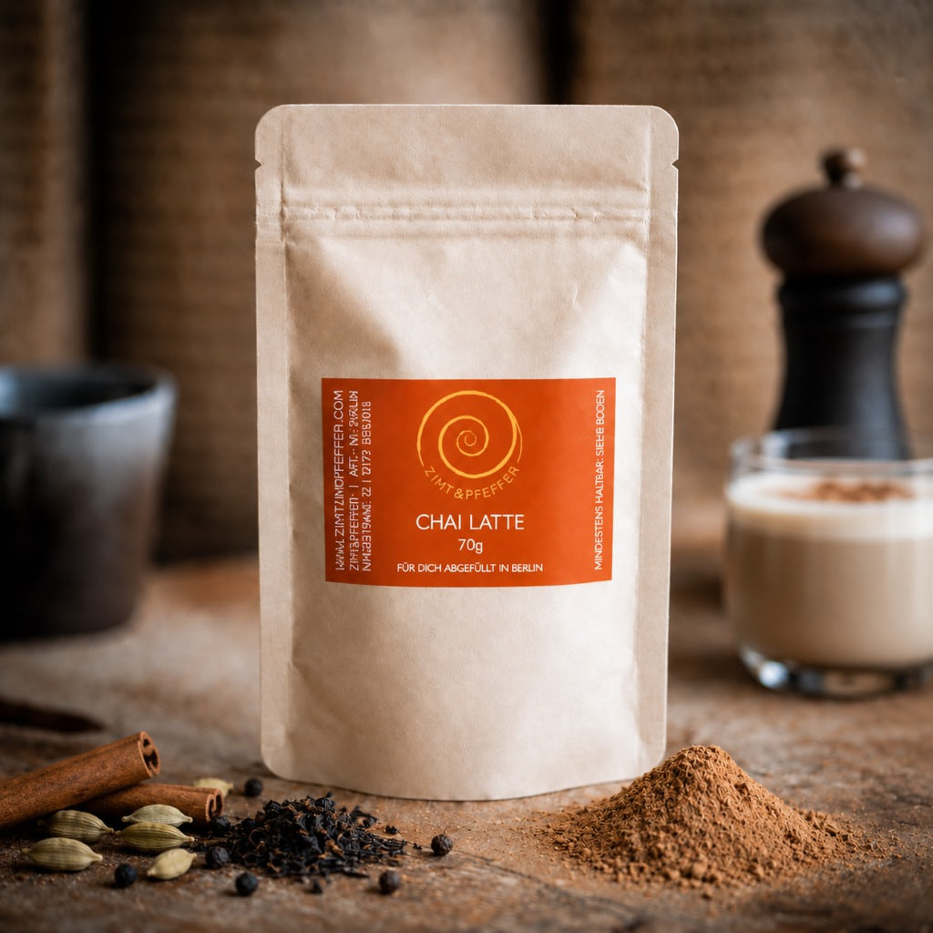 Eine Tüte mit 70g Chai Latte Gewürzmischung auf einem Olivenholzbrett