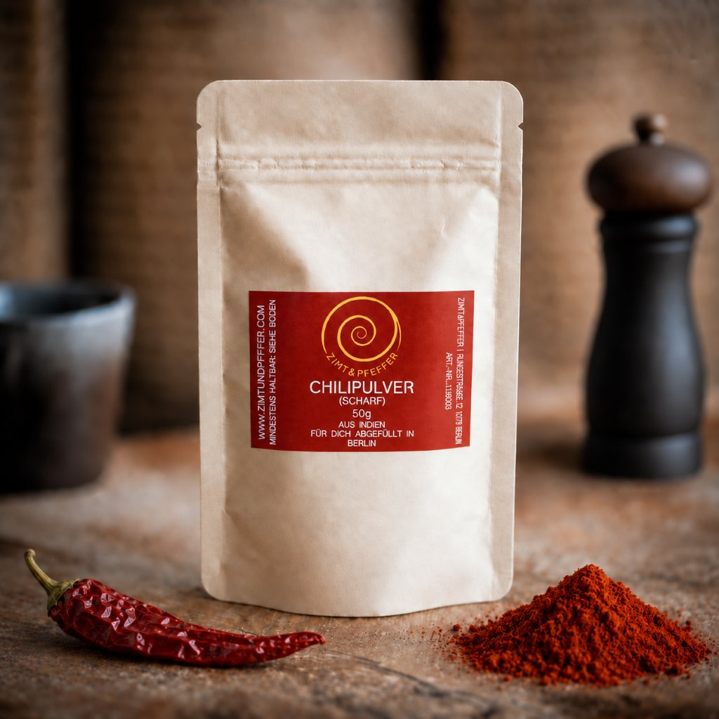 Eine Tuete mit 50 g Chili Pulver auf einem Olivenholzbrett