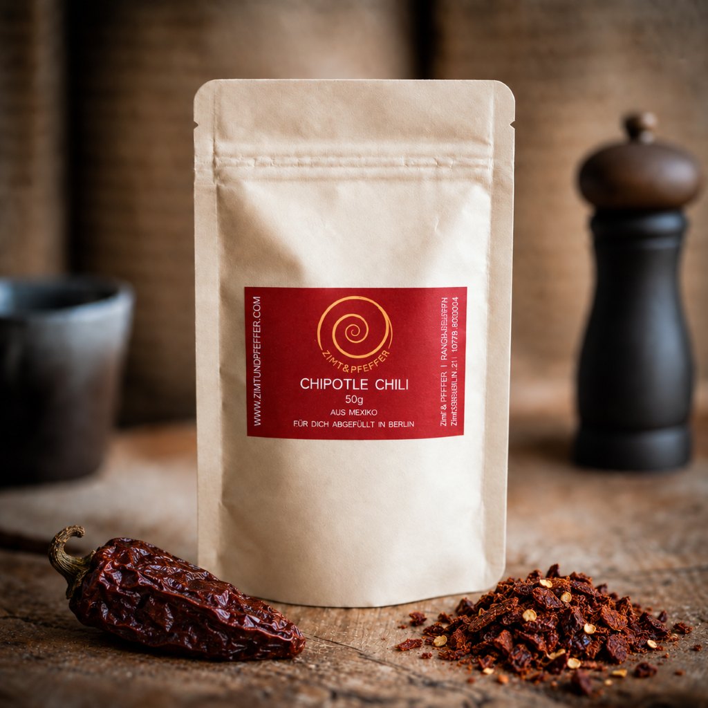 Eine Tüte 50g Chipotle Chili auf einem Olivenholzbrett.
