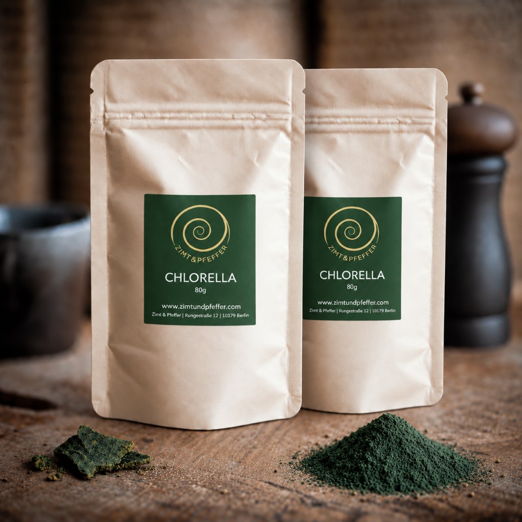 Chlorella Pulver von Zimt&amp;Pfeffer in zwei Tüten mit 80 g auf einem Olivenholzbrett
