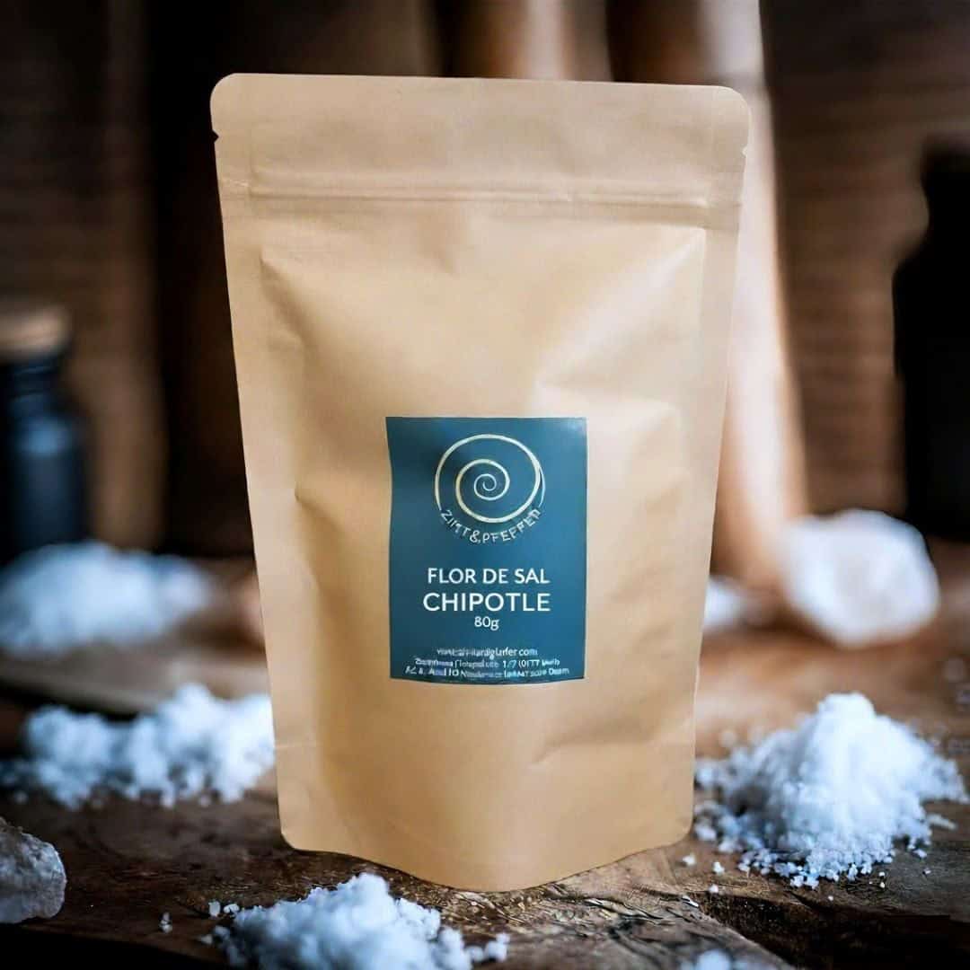 Eine Tüte mit 80 g Flor de Sal Chipotle steht auf einem Olivenholzbrett 