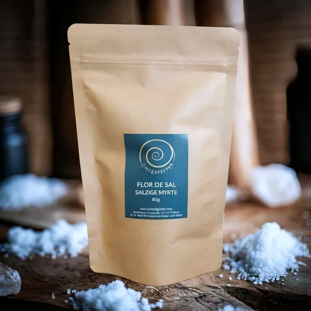 Eine Tüte  Flor de Sal Salzige Myrte mit 80 g steht auf einem Olivenholzbrett
