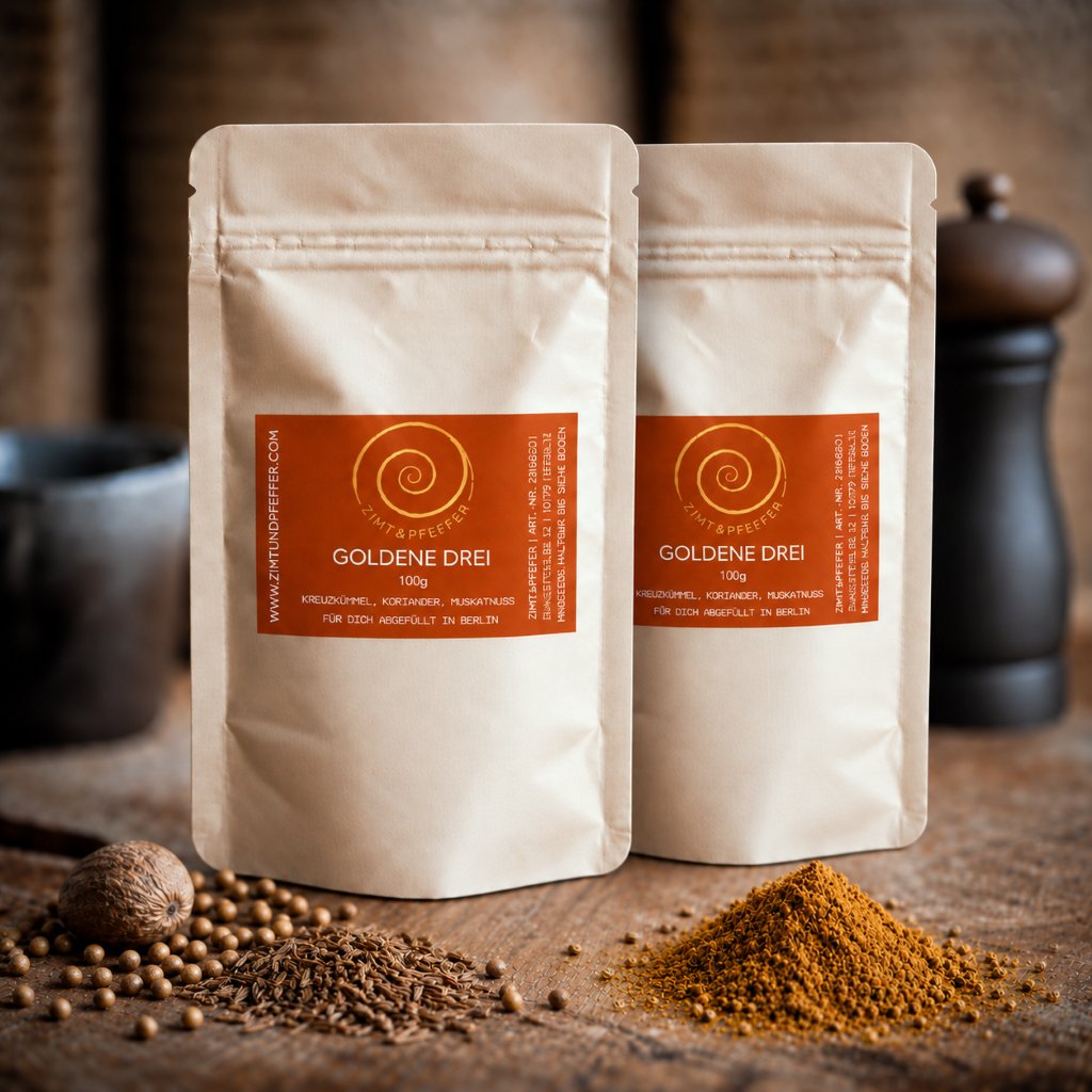 Zwei 100g Tüten Goldene Drei auf einem Olivenholzbrett. Bei dem Produkt handelt es sich um eine Gewürzmischung aus Kreuzkümmel, Koriander und Muskat.