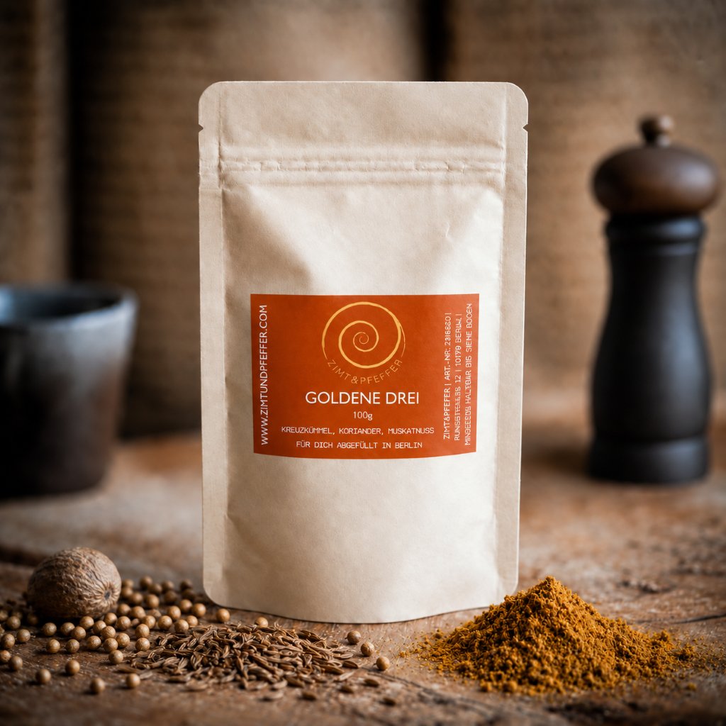 Eine 100g Tüte Goldene Drei auf einem Olivenholzbrett. Bei dem Produkt handelt es sich um eine Gewürzmischung aus Kreuzkümmel, Koriander und Muskat.
