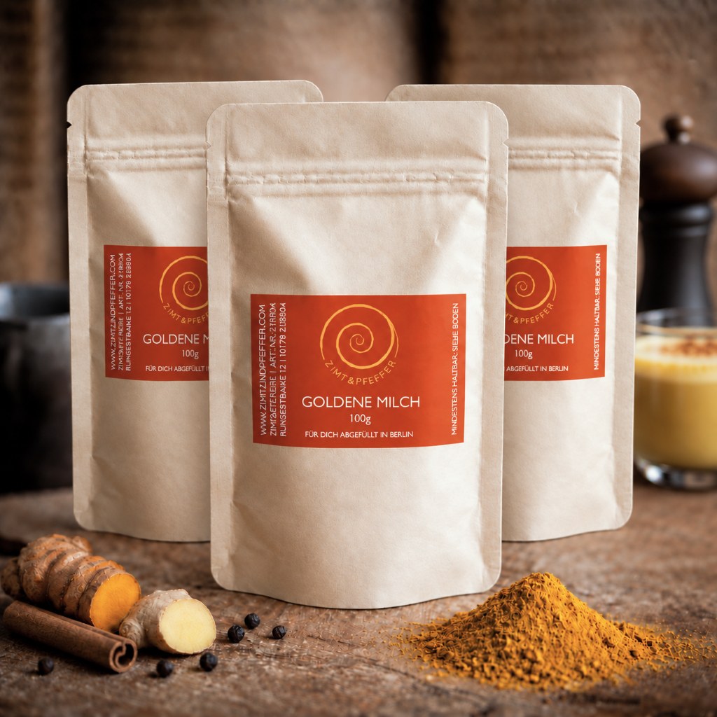 Goldene Milch kaufen, Kurkuma Latte, Tumeric Latte, eine leckere Mischung aus Kurkuma, Zimt, Galgant, Ingwer, Lucuma und schwarzem Pfeffer. 3 x 100g im Nachfüllpack von Zimt&amp;Pfeffer