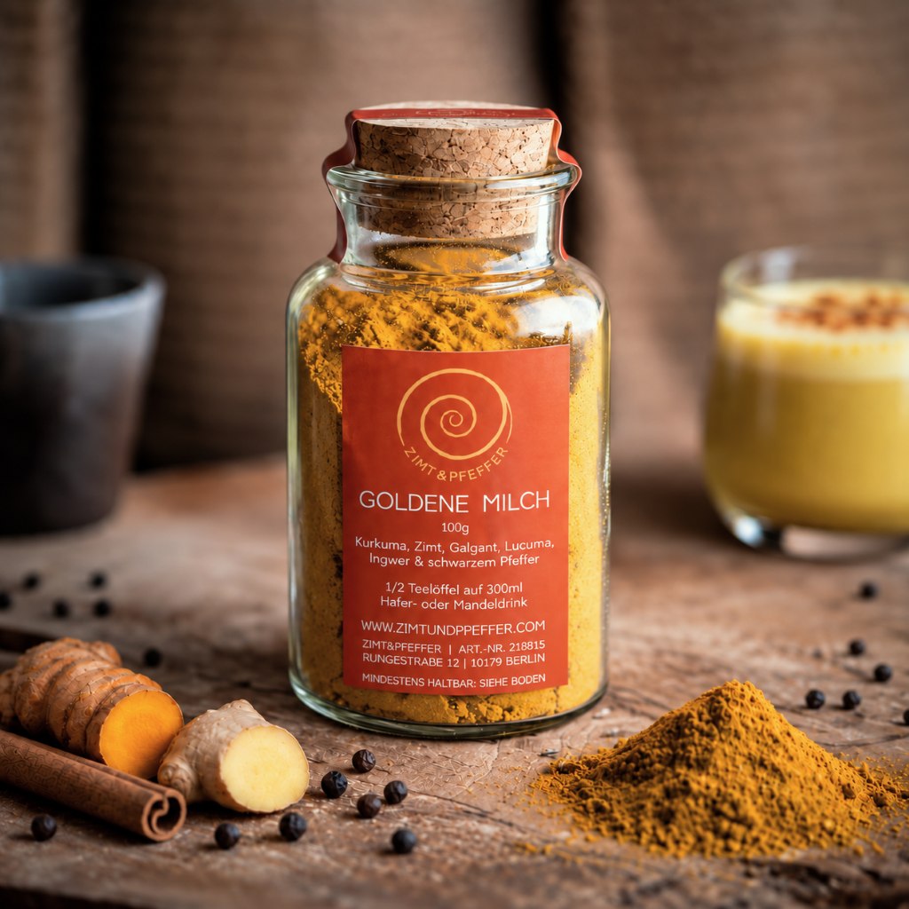Goldene Milch kaufen, Kurkuma Latte, Tumeric Latte, eine leckere Mischung aus Kurkuma, Zimt, Galgant, Ingwer, Lucuma und schwarzen Pfeffer. 100g im Glas