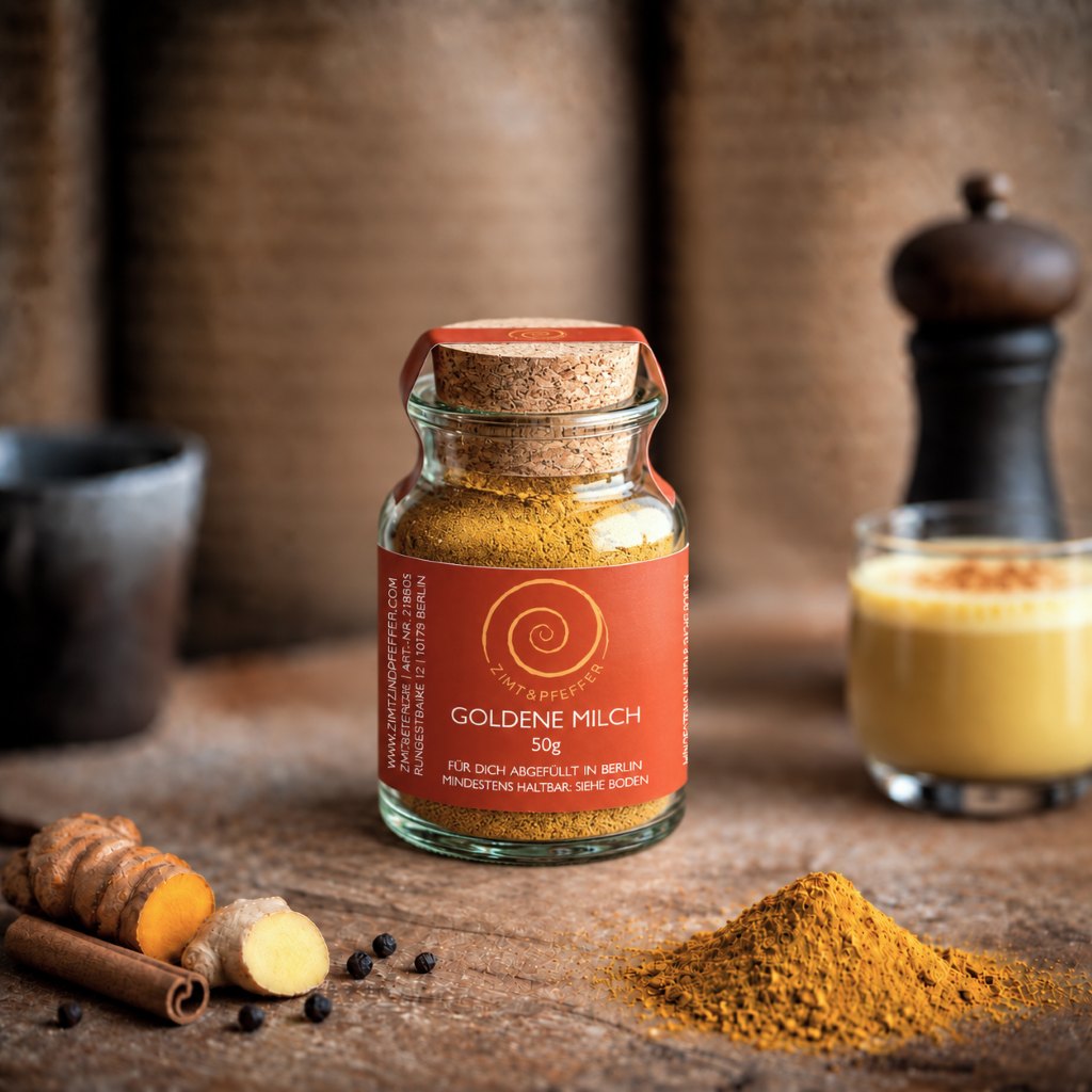 Goldene Milch kaufen, Kurkuma Latte, Tumeric Latte, eine leckere Mischung aus Kurkuma, Zimt, Galgant, Ingwer, Lucuma und schwarzen Pfeffer. 50 g im Glas