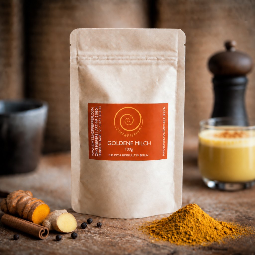 Goldene Milch kaufen, Kurkuma Latte, Tumeric Latte, eine leckere Mischung aus Kurkuma, Zimt, Galgant, Ingwer, Lucuma und schwarzem Pfeffer.  100g im Nachfüllpack von Zimt&Pfeffer