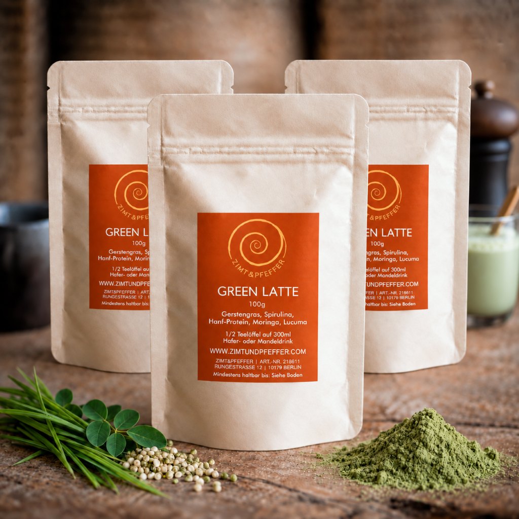 Drei 100g Tüten mit Green Latte auf einem Olivenholzbrett. Eine Mischung aus Gerstengras, Spirulina, Hanf und Lucuma.