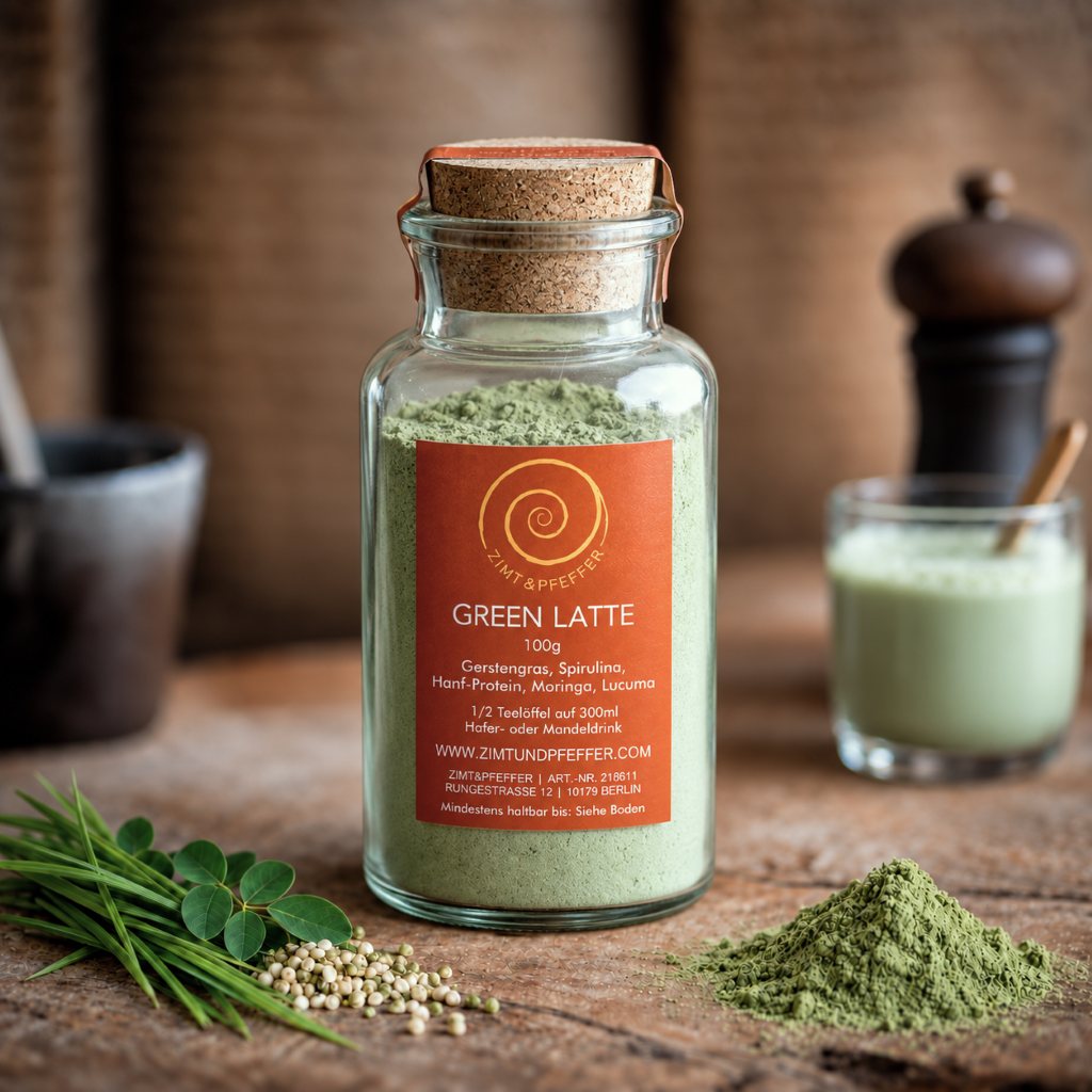 Ein 100g Glas mit Green Latte auf einem Olivenholzbrett. Eine Mischung aus Gerstengras, Spirulina, Hanf und Lucuma.