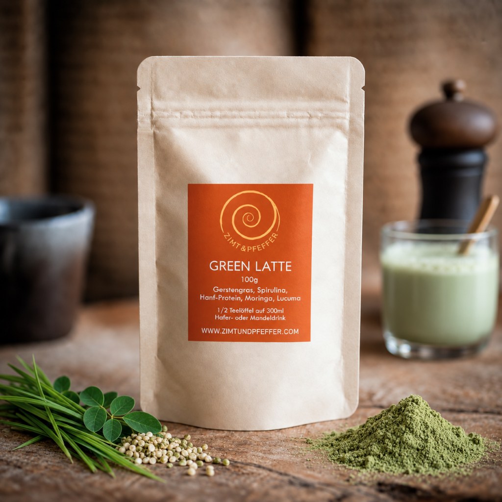 Eine 100g Tüte mit Green Latte auf einem Olivenholzbrett. Eine Mischung aus Gerstengras, Spirulina, Hanf und Lucuma.