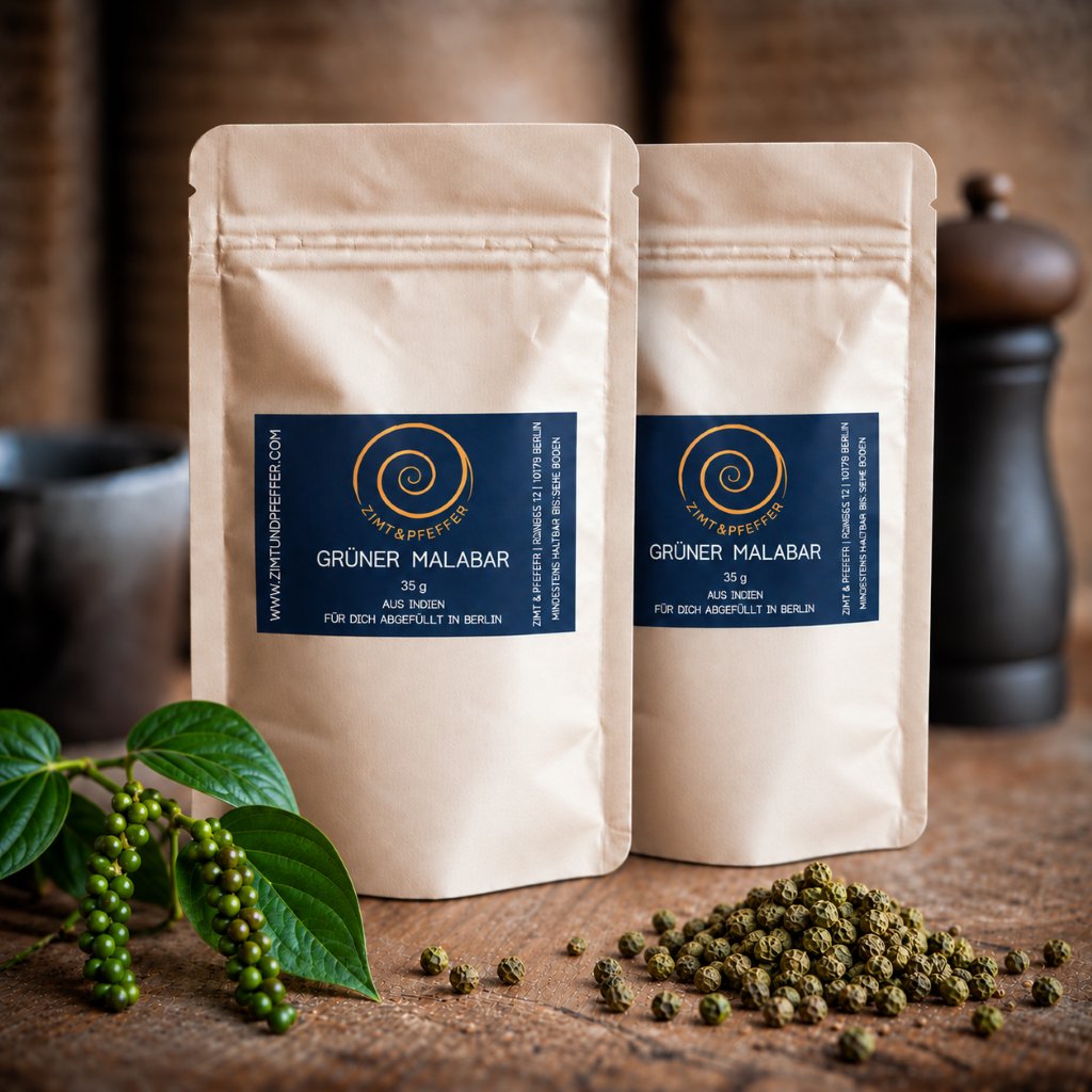 Zwei Tüten aus Kraftpapier stehen auf einem Olivenholzbrett. Die Zip-Tüten sind mit Grüner Pfeffer Malabar gefüllt und haben jeweils eine Füllmenge von 60g.