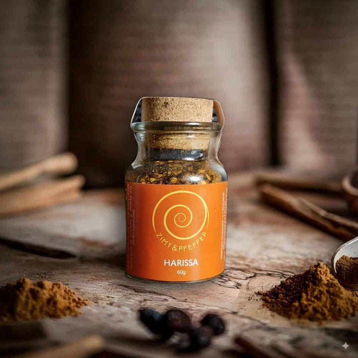 Eine Glas Harissa auf einem Olivenholzbrett