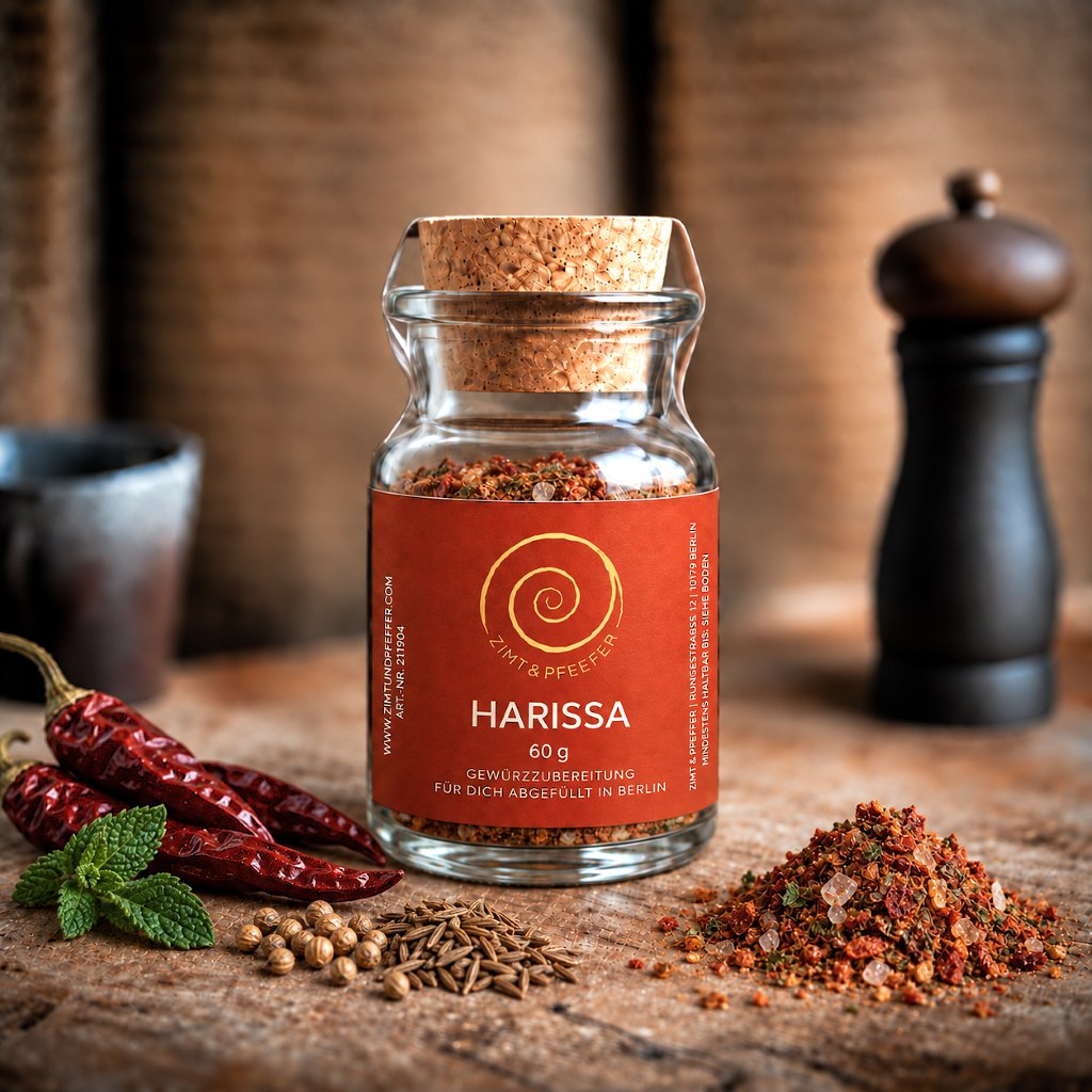 Eine Glas Harissa mit 60 g auf einem Olivenholzbrett 
