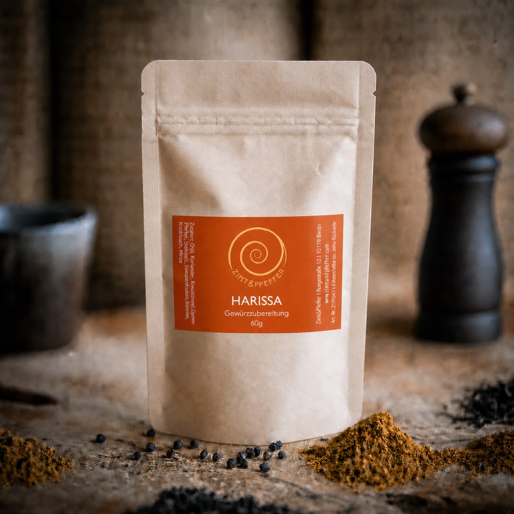 Eine Tüte Harissa 50 g auf einem Olivenholzbrett