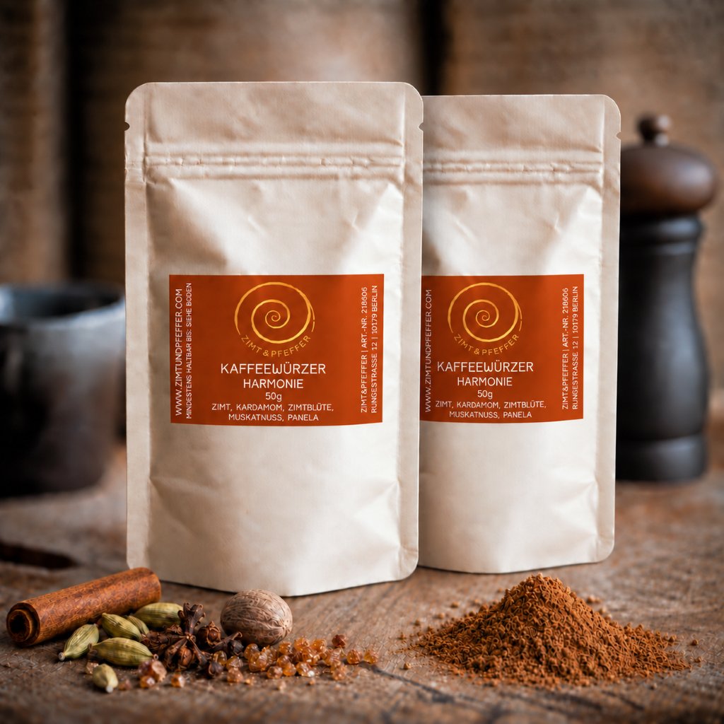 Zwei 50 g Tüten Kaffeewürzer Harmonie auf einem Olivenholzbrett.