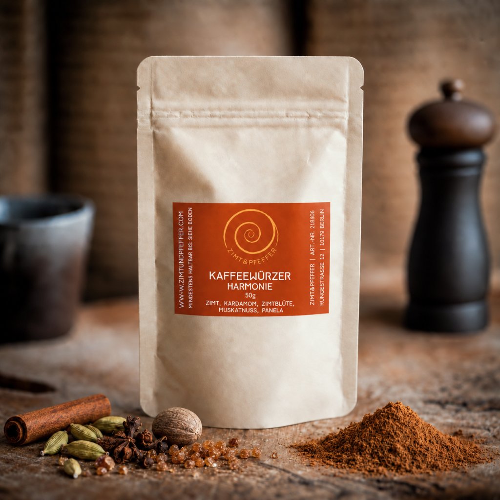 Eine 50 g Tüte Kaffeewürzer Harmonie auf einem Olivenholzbrett.