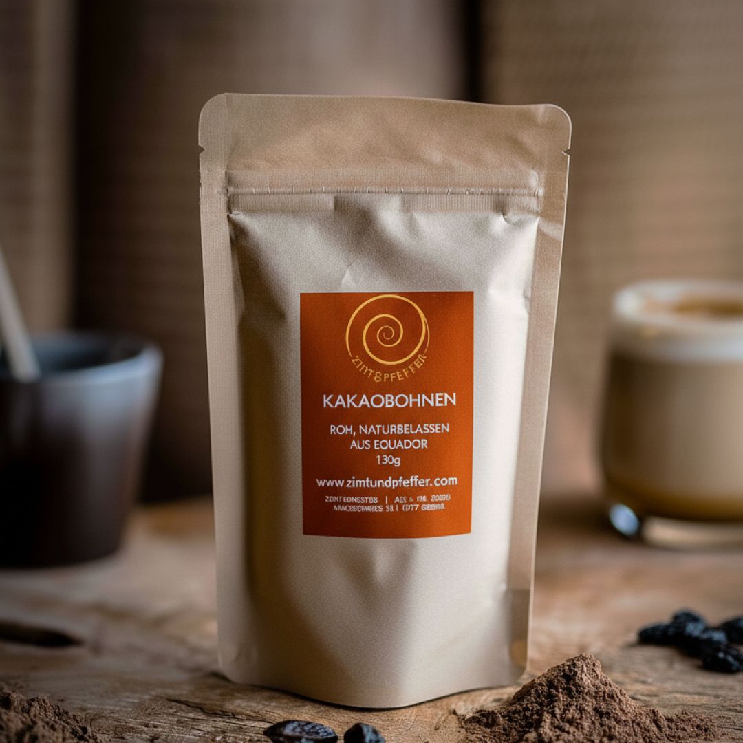 Kakaobohnen roh 130 g in einer Tüte auf einem Olivenholzbrett