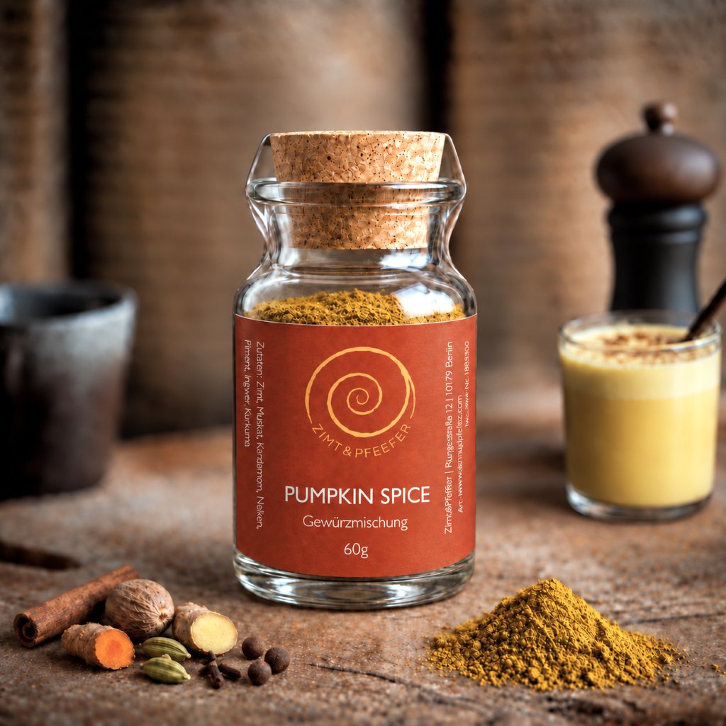 Ein Glas Pumpkin Spice auf einem Olivenholzbrett.