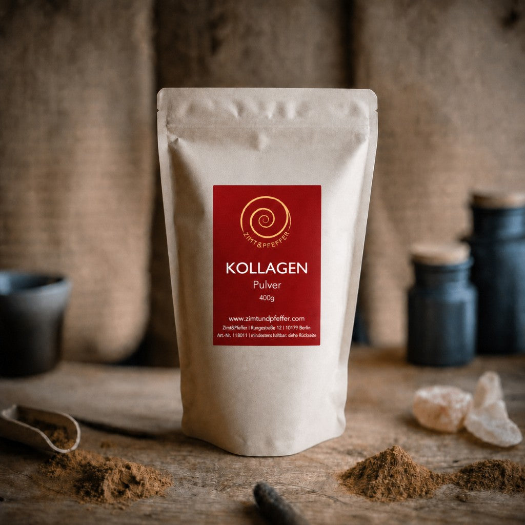 Kollagen Pulver kaufen bei Zimt&Pfeffer, eine 400 g Tüte Kollagen aus 100 % Weidehaltung auf einem Olivenholzbrett
