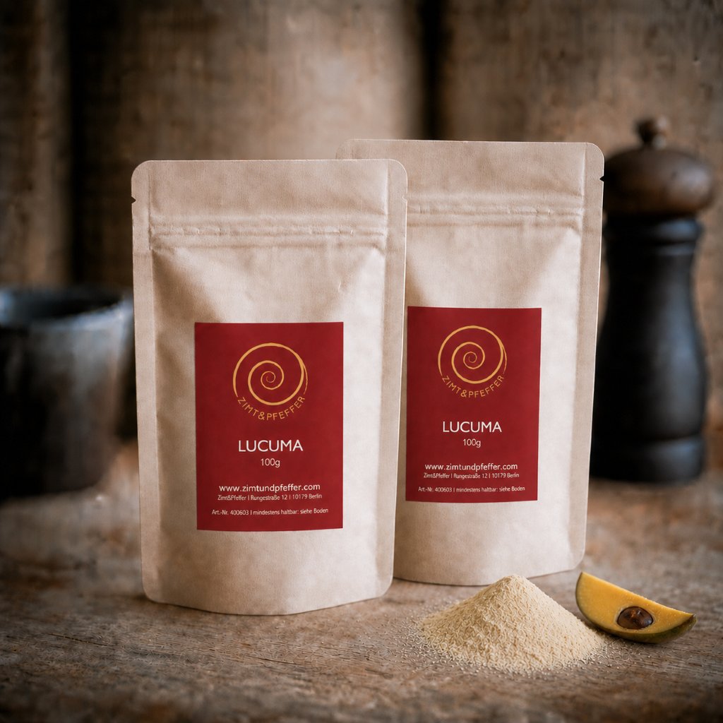 Drei Zip-Tüten aus Kraftpapier auf einem Olivenholzbrett. Bei dem Produkt handelt es sich um Lucuma, mit einer Füllmenge von 100g.