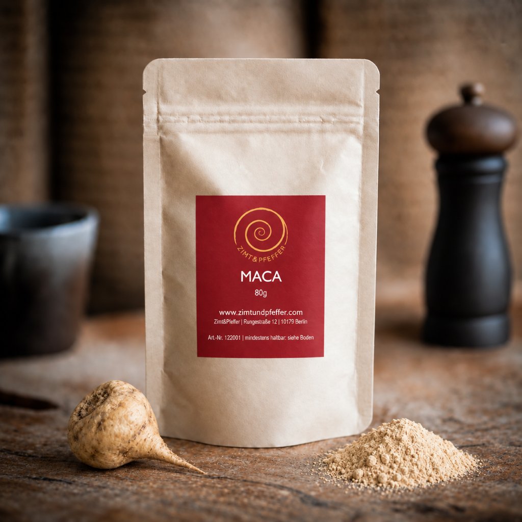 Maca kaufen – 80 g Maca in einer Zip-Tüte auf einem Olivenholzbrett.