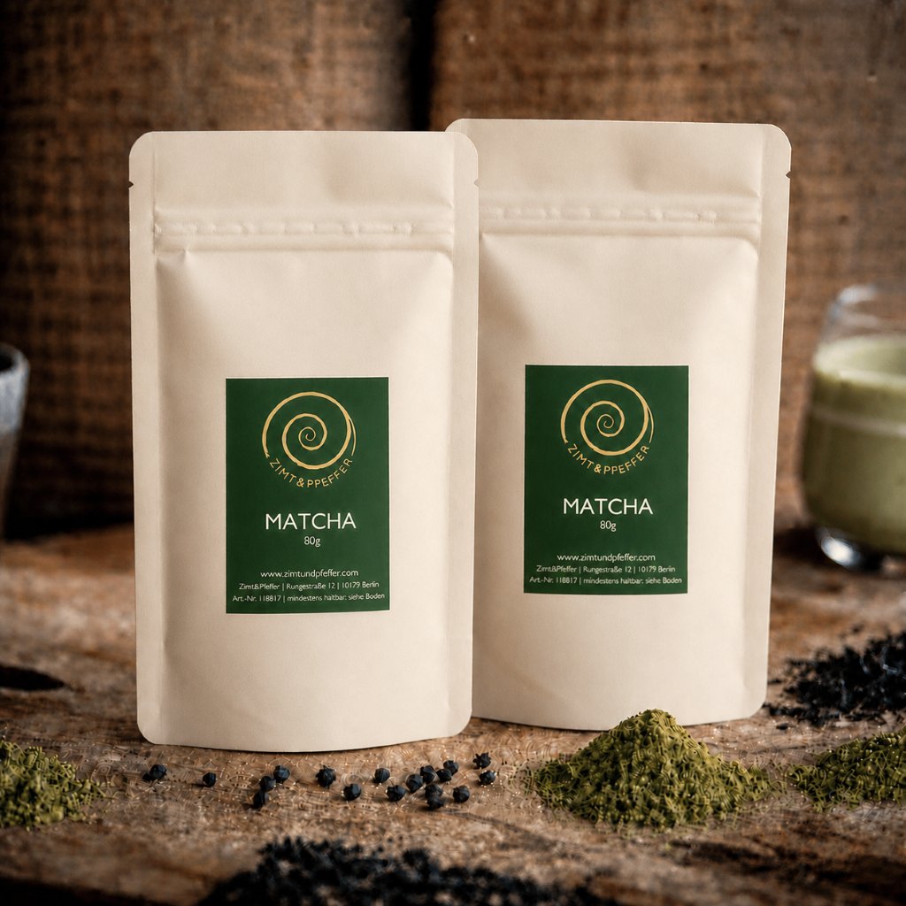Matcha kaufen - zwei 80g Tüten Matcha auf einem Olivenholzbrett