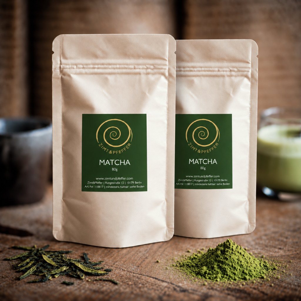 Matcha kaufen - zwei 80g Tüten Matcha auf einem Olivenholzbrett
