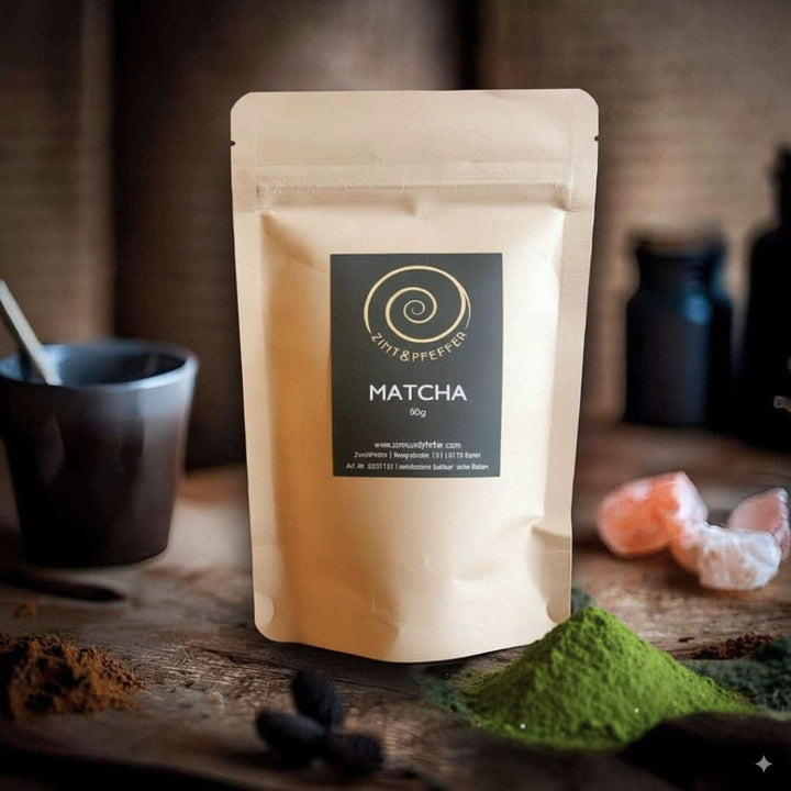 Eine 80g Tüte Matcha auf einem Olivenholzbrett