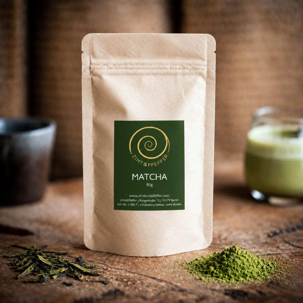 Matcha kaufen - zwei 80g Tüten Matcha auf einem Olivenholzbrett