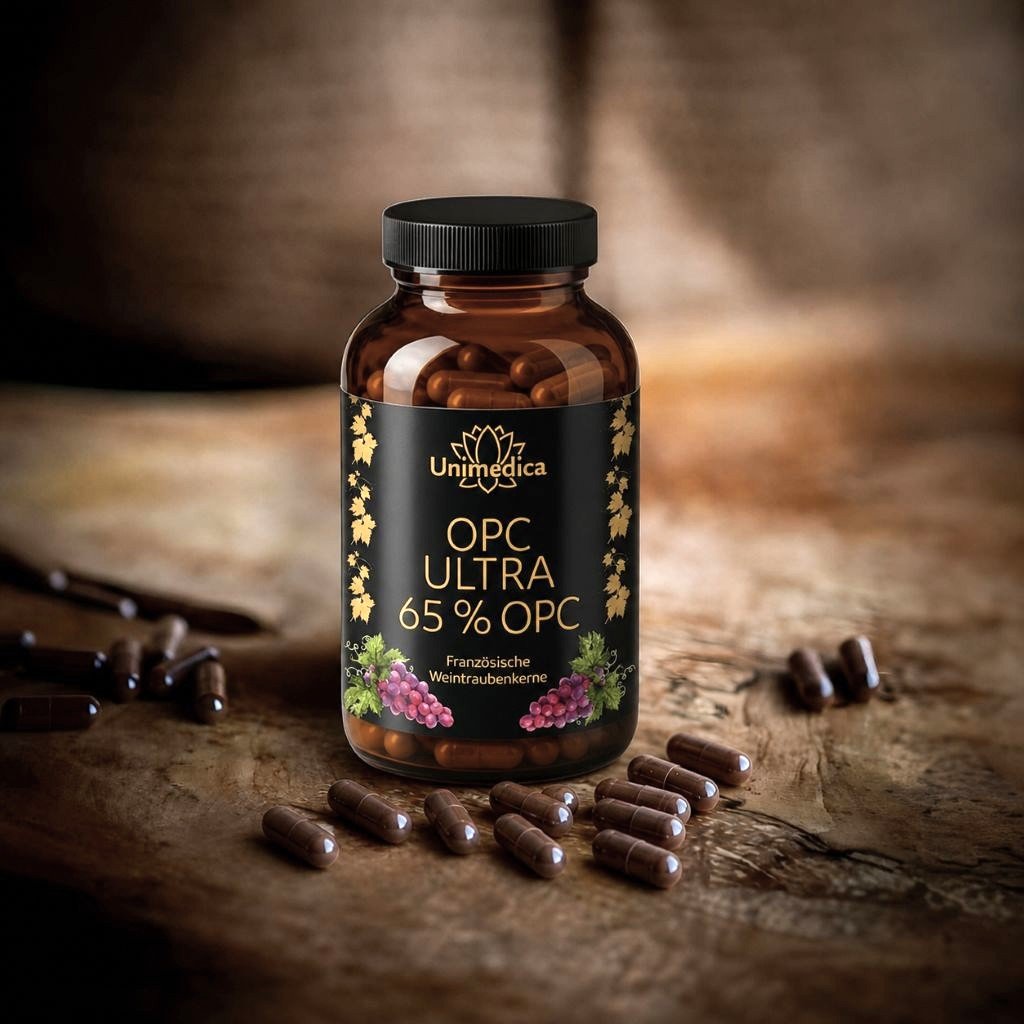 Ein Glas OPC-Ultra-mit-700-mg-reinem OPC-Kapseln.