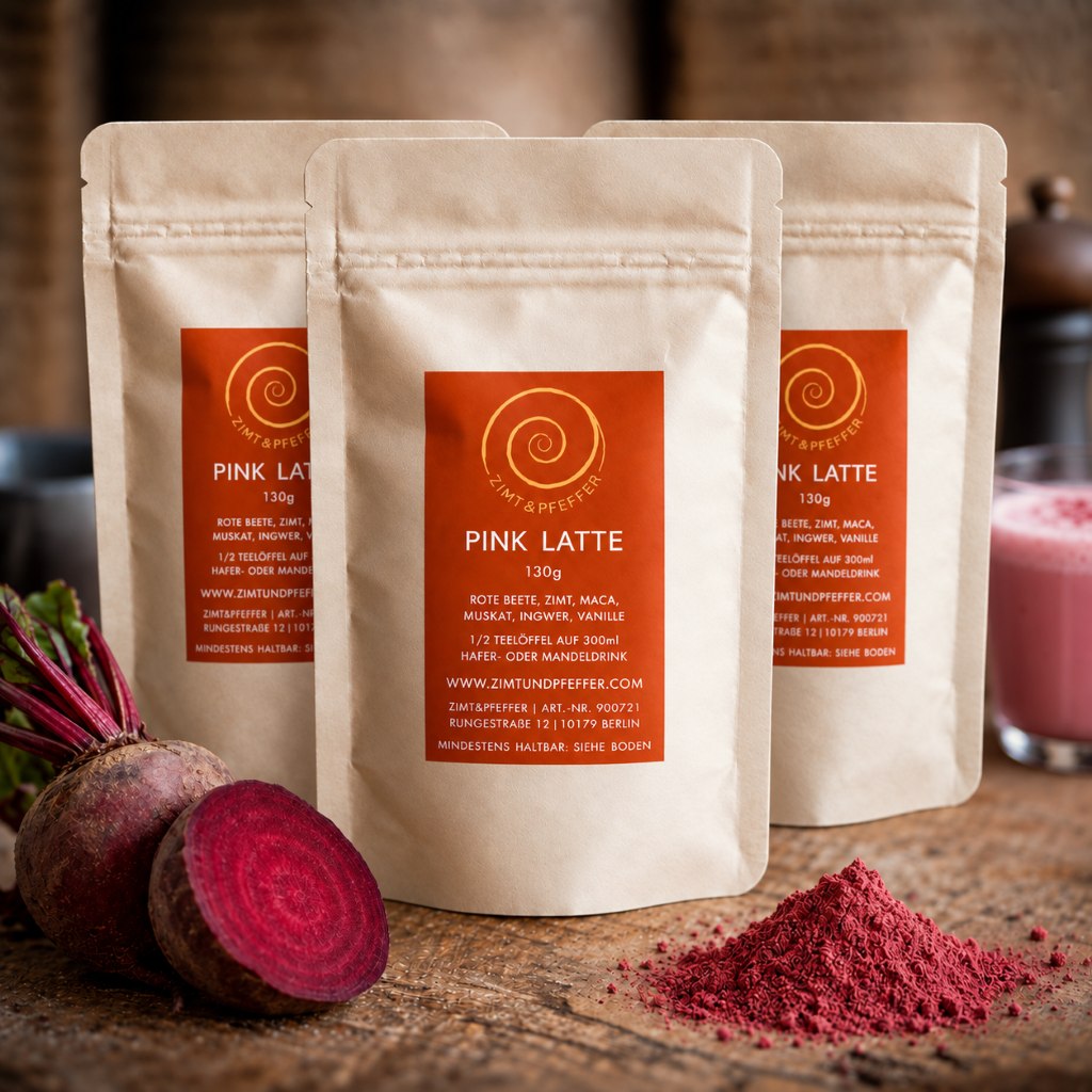Drei 100g Tüten Pink Latte auf einem Olivenholzbrett.