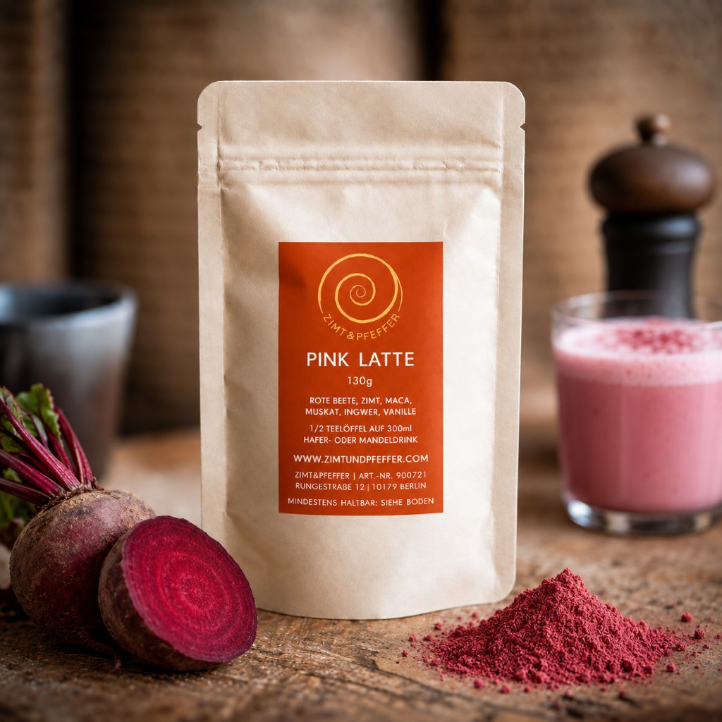 Eine 100g Tüte Pink Latte auf einem Olivenholzbrett.