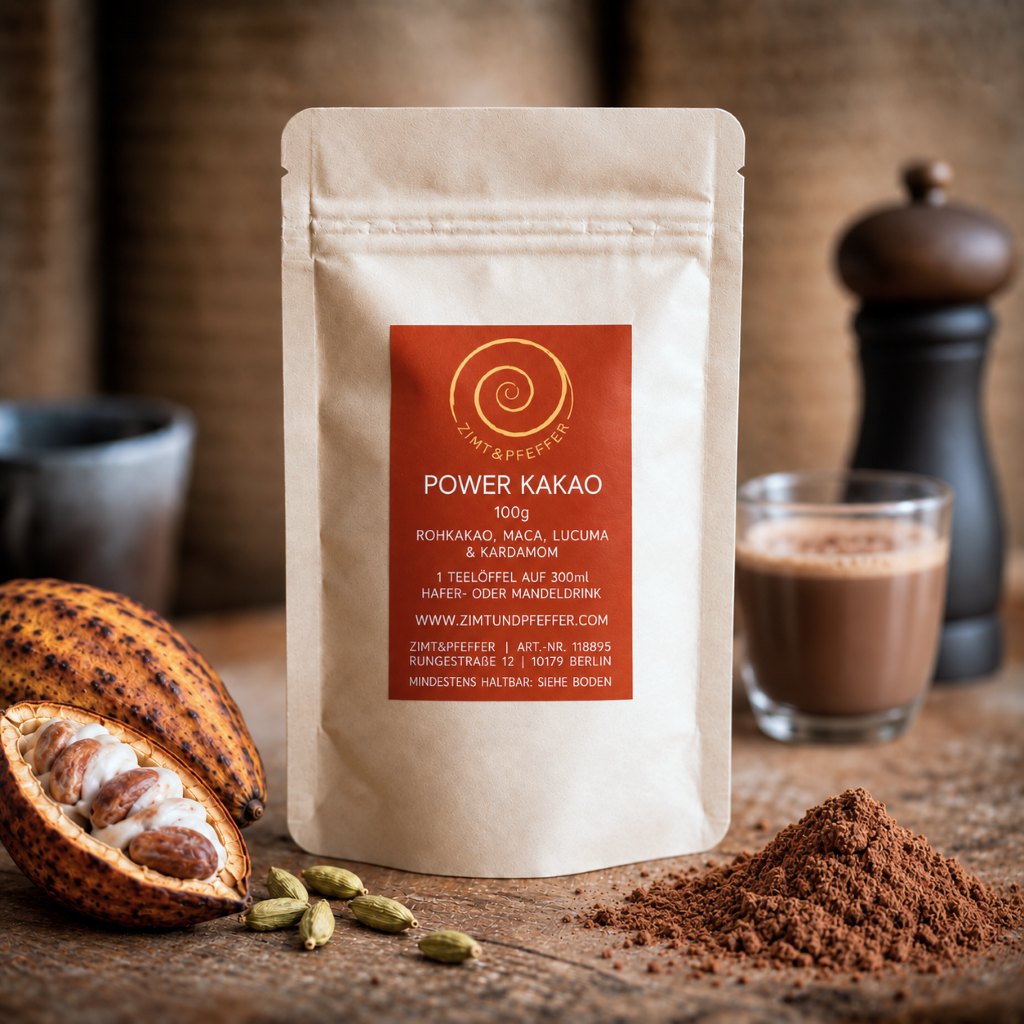 Eine 100g Tüte Power Kakao auf einem Olivenholzbrett. Eine Mischung aus Rohkakao, Maca, Kardamom und Lucuma.