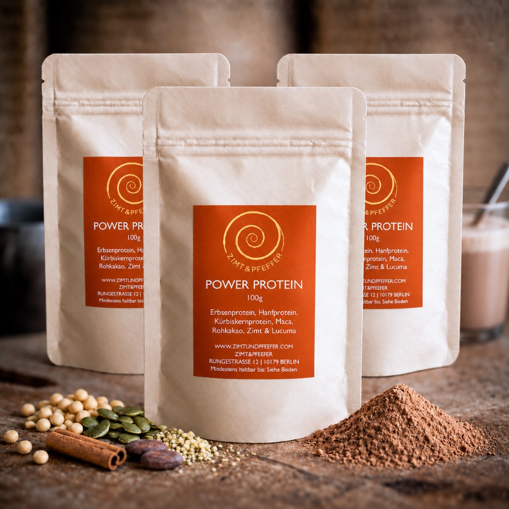 Drei Tüten Power Protein mit je 100 g auf einem Olivenholzbrett